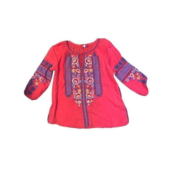 Johnny Was Embroidered 3/4 Length Sleeve Flowy Floral‎ Red Shirt Tunic Small - Picture 1 of 6